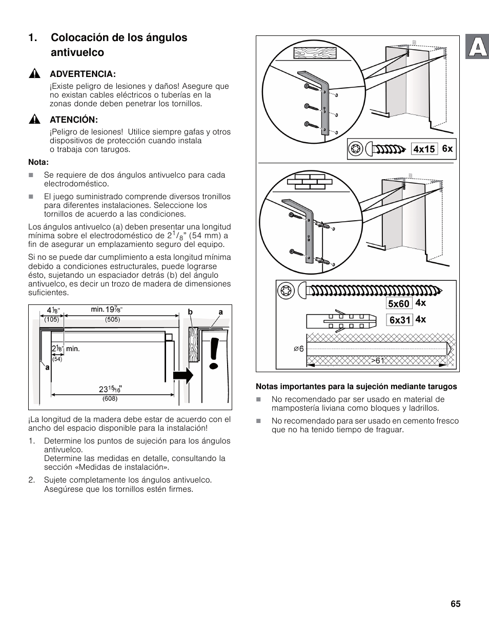 Colocación de los ángulos antivuelco | Bosch B30IB800SP User Manual | Page 65 / 82