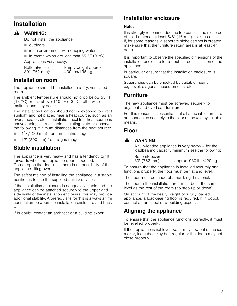 Installation, Installation room, Stable installation | Installation enclosure, Furniture, Floor, Aligning the appliance | Bosch B30IB800SP User Manual | Page 7 / 82