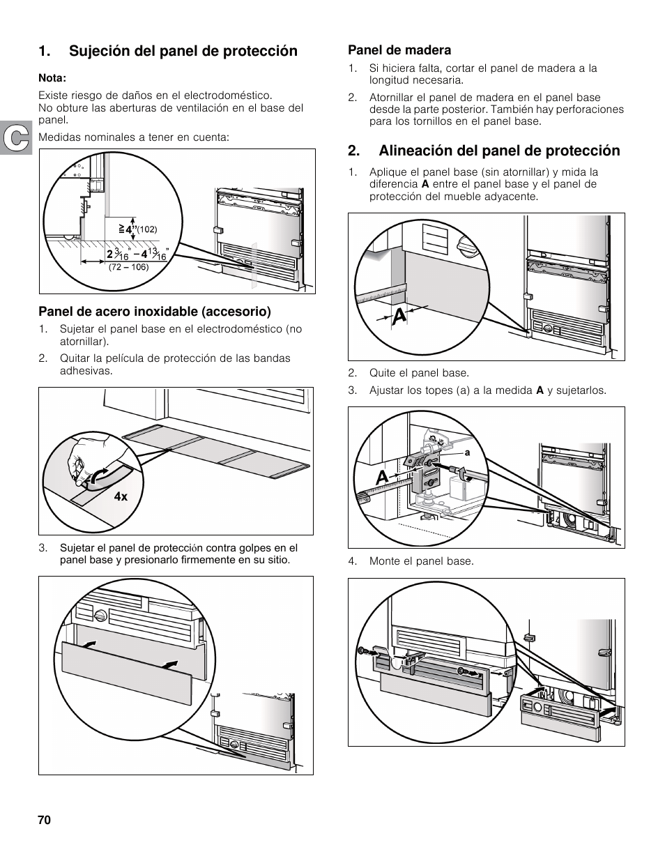 Sujeción del panel de protección, Alineación del panel de protección | Bosch B30IB800SP User Manual | Page 70 / 82