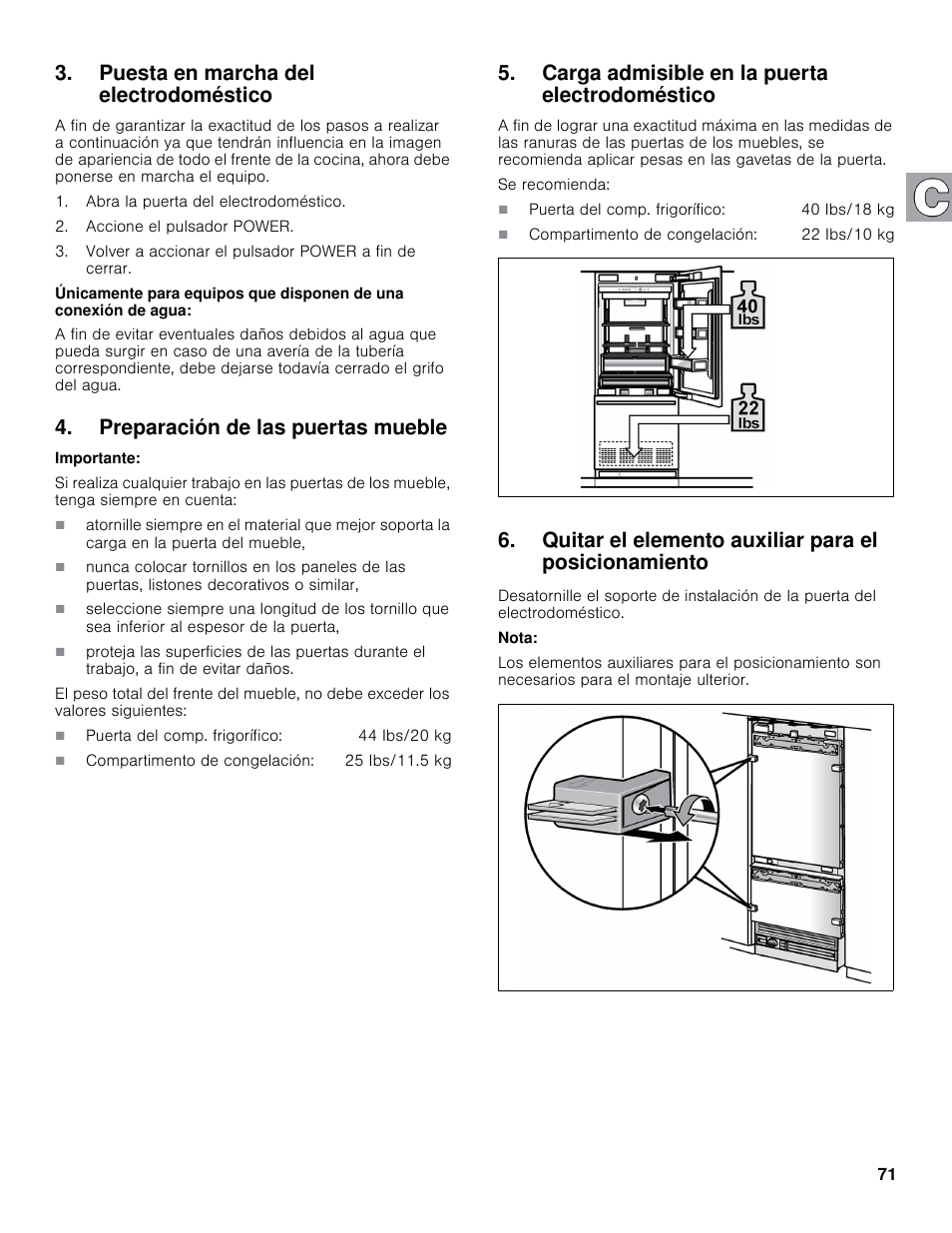 Puesta en marcha del electrodoméstico, Preparación de las puertas mueble, Carga admisible en la puerta electrodoméstico | Bosch B30IB800SP User Manual | Page 71 / 82