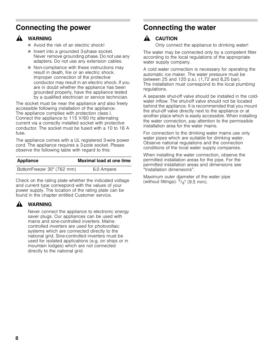 Connecting the power, Connecting the water | Bosch B30IB800SP User Manual | Page 8 / 82