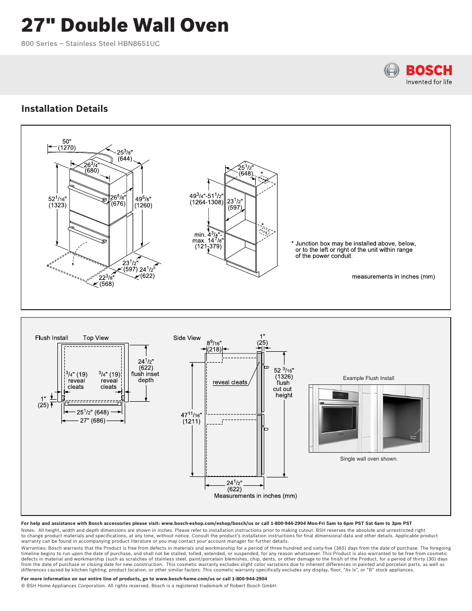 27" double wall oven, Installation details | Bosch HBN8651UC User Manual | Page 2 / 3