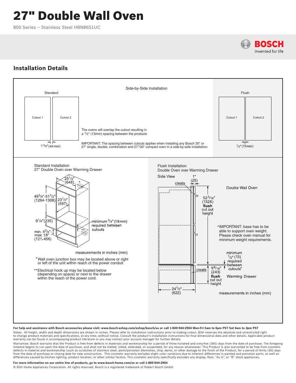27" double wall oven, Installation details | Bosch HBN8651UC User Manual | Page 3 / 3
