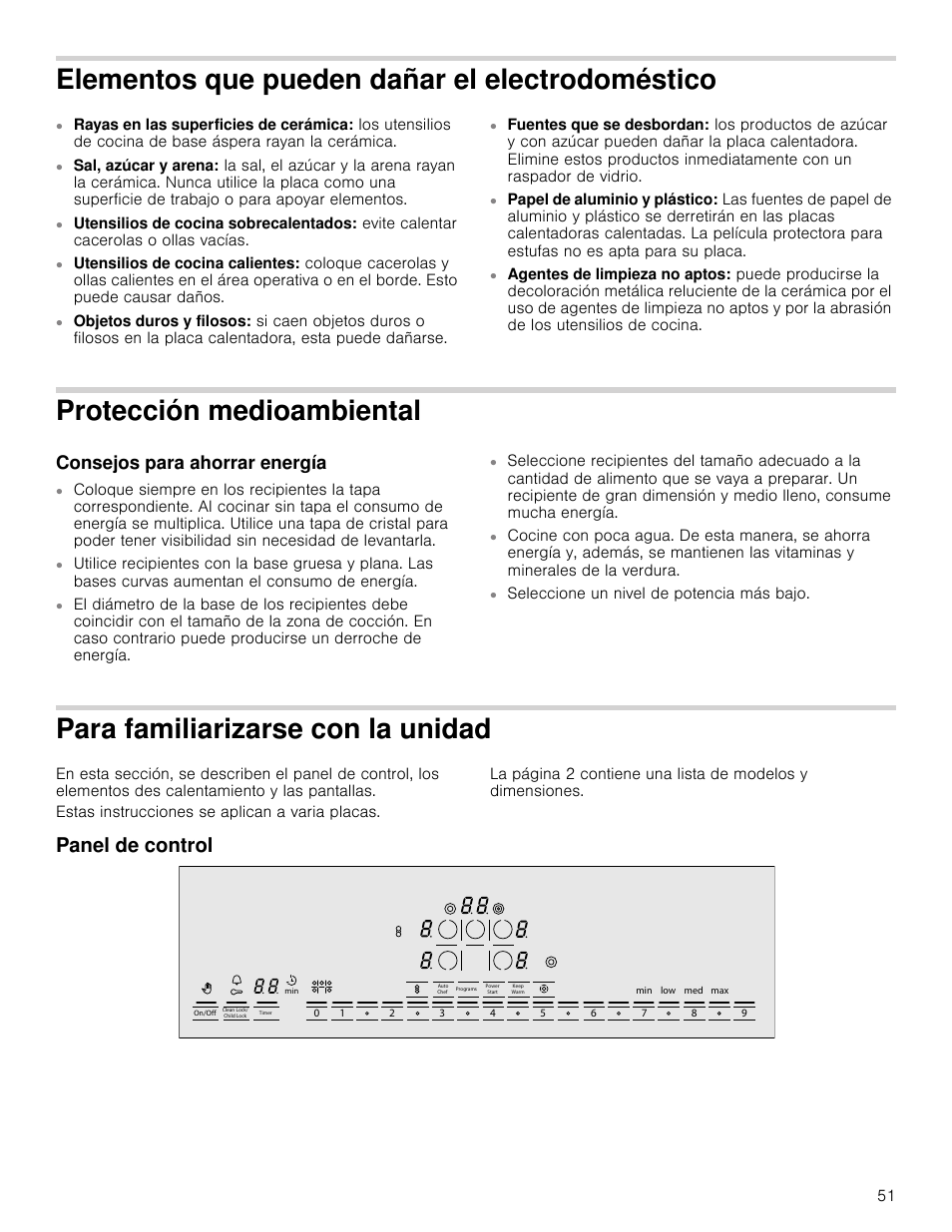 Elementos que pueden dañar el electrodoméstico, Protección medioambiental, Consejos para ahorrar energía | Para familiarizarse con la unidad, Estas instrucciones se aplican a varia placas, Panel de control, Os que pueden dañar el electrodoméstico, Izarse con la unidad panel de control | Bosch NETP666SUC User Manual | Page 51 / 68