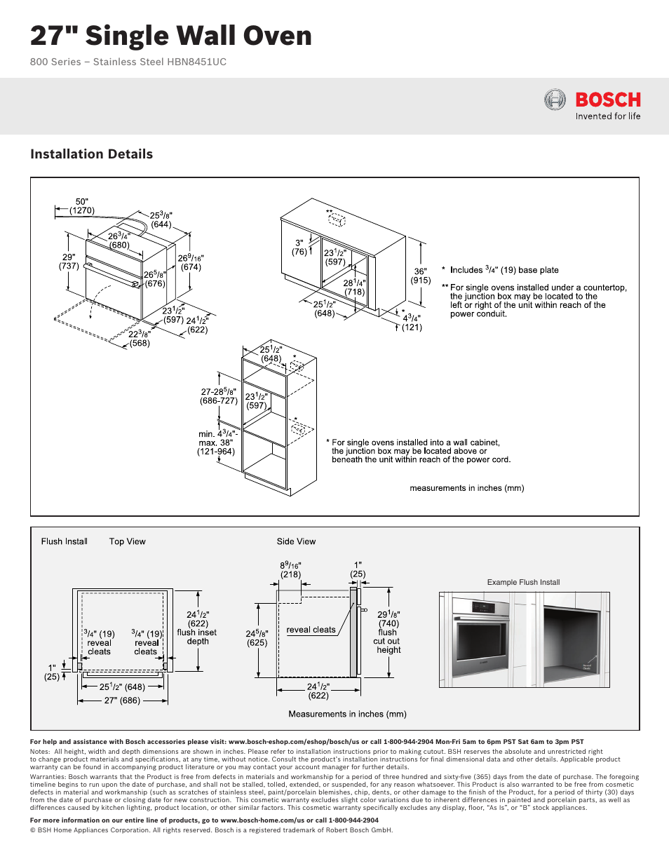 27" single wall oven, Installation details | Bosch HBN8451UC User Manual | Page 2 / 3