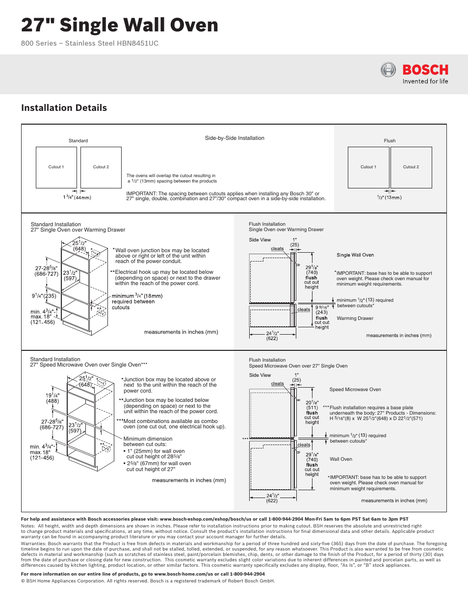 27" single wall oven, Installation details | Bosch HBN8451UC User Manual | Page 3 / 3