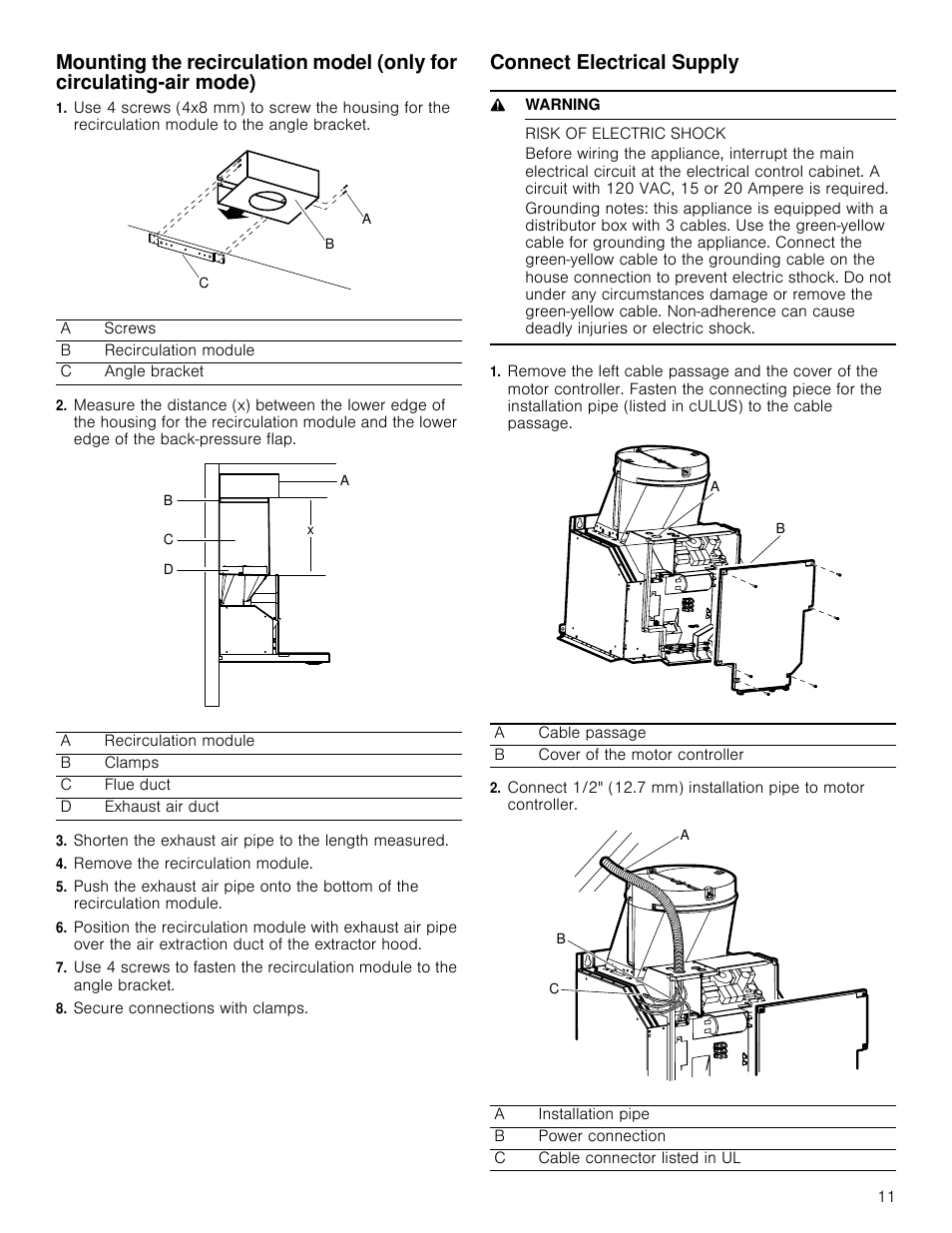 Remove the recirculation module, Secure connections with clamps, Connect electrical supply | 9 warning, Risk of electric shock | Bosch HCB50651UC User Manual | Page 11 / 40