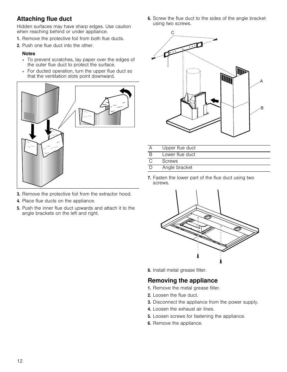 Attaching flue duct, Remove the protective foil from both flue ducts, Push one flue duct into the other | Notes, Remove the protective foil from the extractor hood, Place flue ducts on the appliance, Install metal grease filter, Removing the appliance, Remove the metal grease filter, Loosen the flue duct | Bosch HCB50651UC User Manual | Page 12 / 40