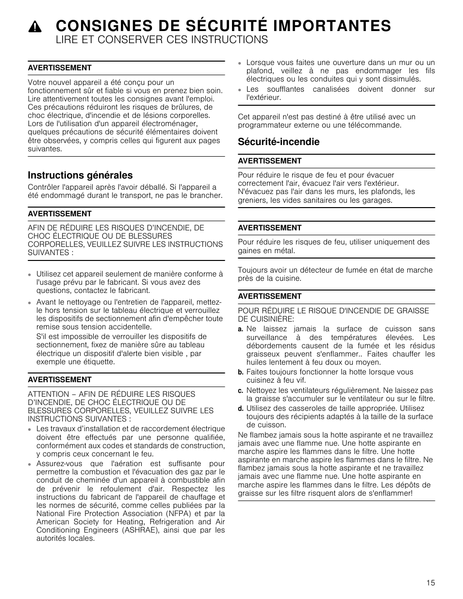 Consignes de sécurité importantes, Lire et conserver ces instructions, Avertissement | Instructions générales, Sécurité-incendie, Antes instructions générales sécurité-incendie | Bosch HCB50651UC User Manual | Page 15 / 40