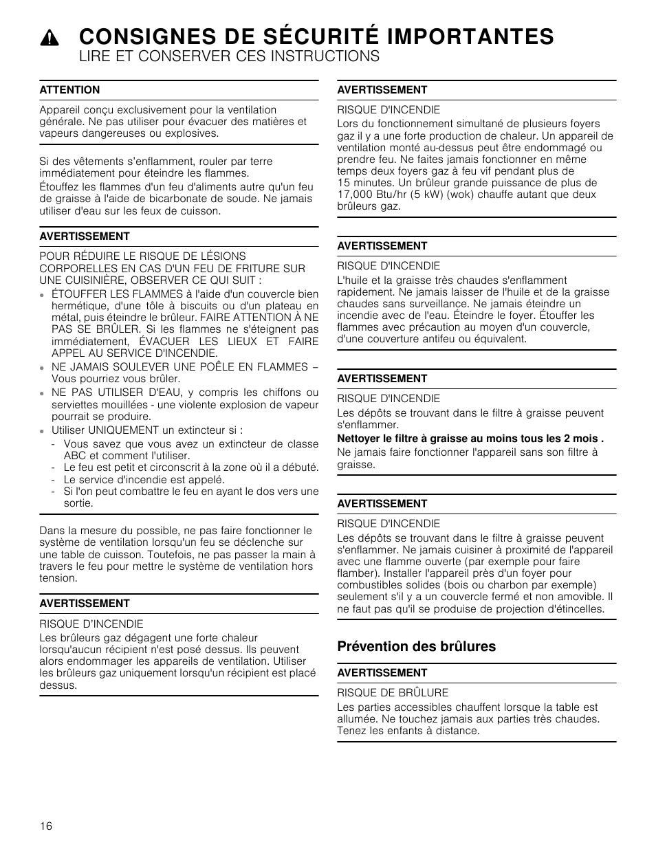 Attention, Avertissement, Risque d’incendie | Risque d'incendie, Prévention des brûlures, Risque de brûlure, Consignes de sécurité importantes, Lire et conserver ces instructions | Bosch HCB50651UC User Manual | Page 16 / 40