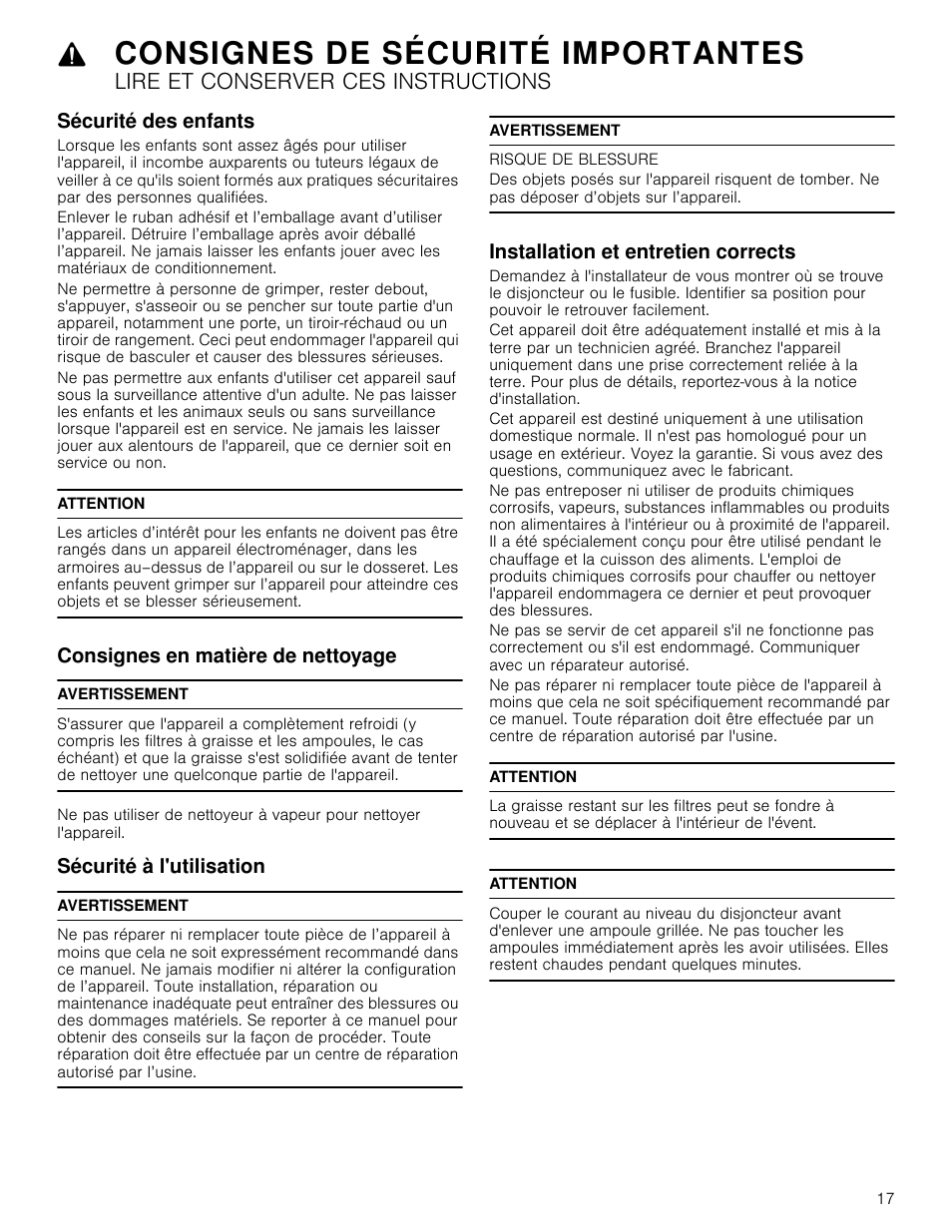 Sécurité des enfants, Attention, Consignes en matière de nettoyage | Avertissement, Sécurité à l'utilisation, Risque de blessure, Installation et entretien corrects, Consignes de sécurité importantes, Lire et conserver ces instructions | Bosch HCB50651UC User Manual | Page 17 / 40