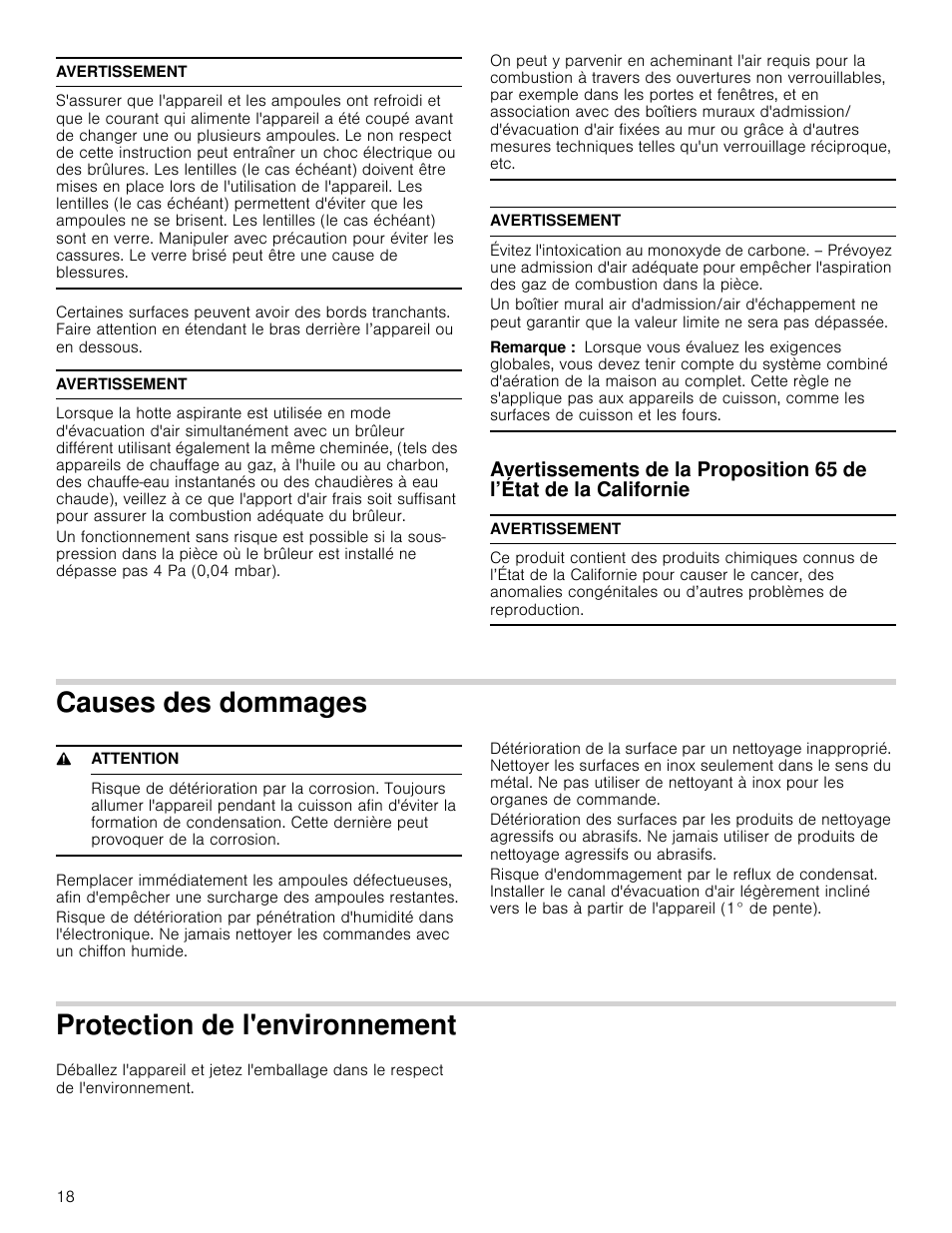 Avertissement, Remarque, Causes des dommages | 9 attention, Protection de l'environnement, Californie, Vironnement | Bosch HCB50651UC User Manual | Page 18 / 40