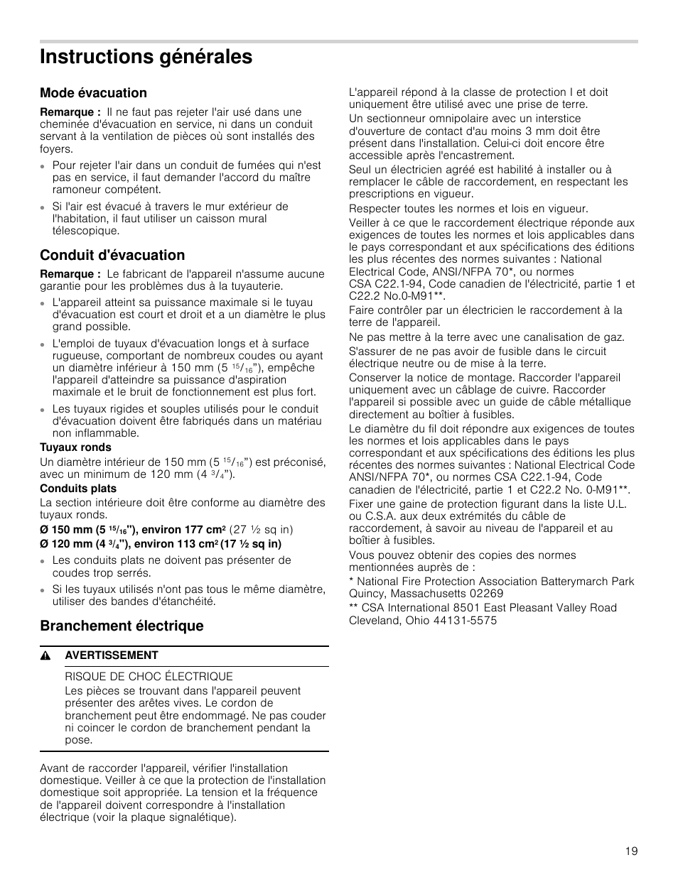 Instructions générales, Mode évacuation, Remarque | Conduit d'évacuation, Branchement électrique, 9 avertissement, Risque de choc électrique | Bosch HCB50651UC User Manual | Page 19 / 40