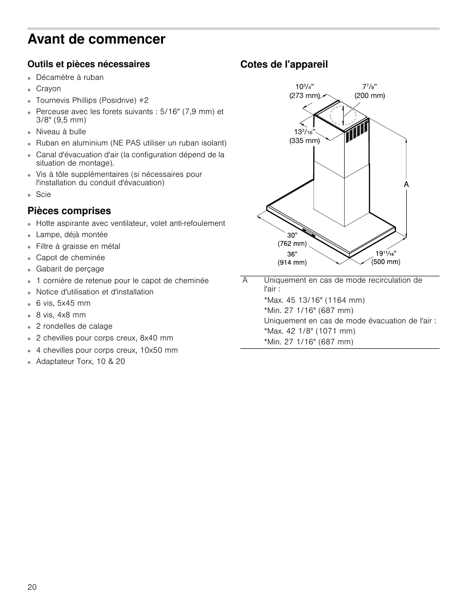 Avant de commencer, Outils et pièces nécessaires, Pièces comprises | Cotes de l'appareil | Bosch HCB50651UC User Manual | Page 20 / 40