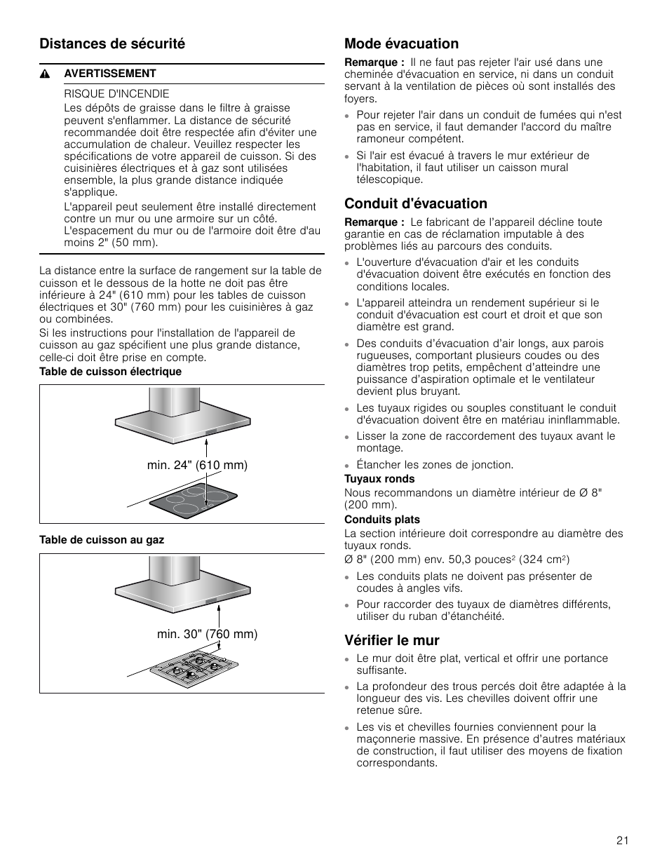 Distances de sécurité, 9 avertissement, Risque d'incendie | Mode évacuation, Remarque, Conduit d'évacuation, Vérifier le mur | Bosch HCB50651UC User Manual | Page 21 / 40