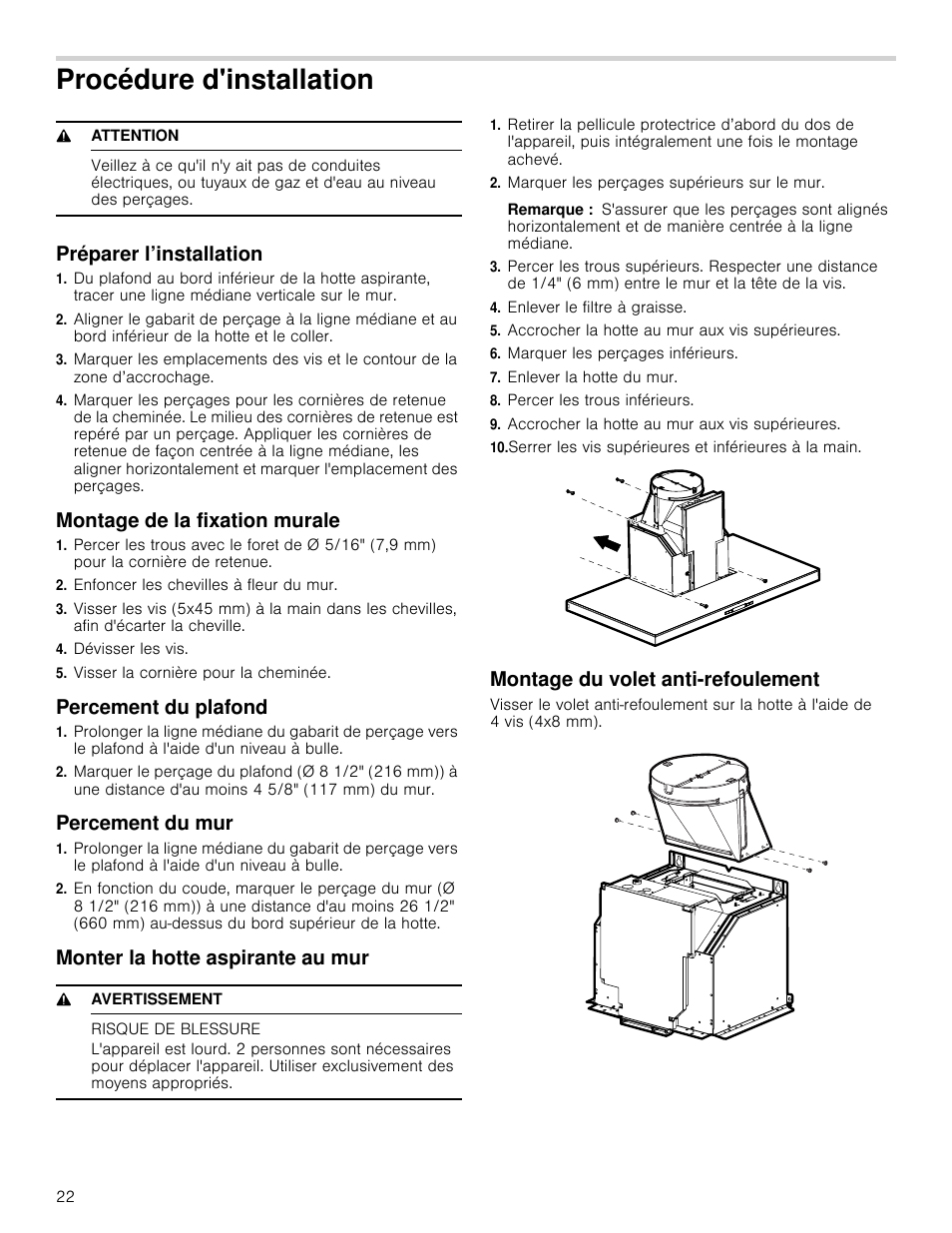 Procédure d'installation, 9 attention, Préparer l’installation | Montage de la fixation murale, Enfoncer les chevilles à fleur du mur, Dévisser les vis, Visser la cornière pour la cheminée, Percement du plafond, Percement du mur, Monter la hotte aspirante au mur | Bosch HCB50651UC User Manual | Page 22 / 40