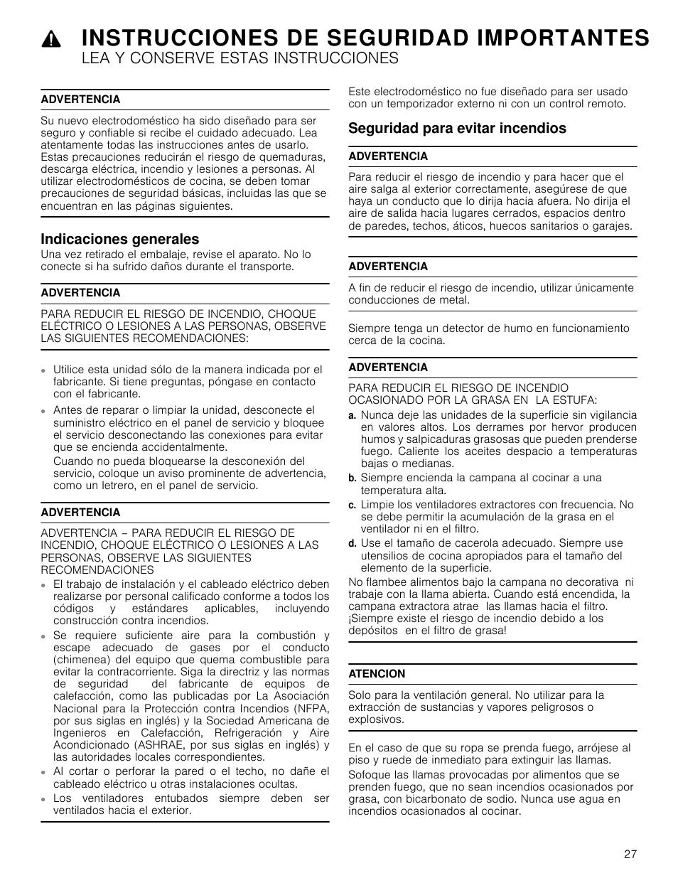 Instrucciones de seguridad importantes, Lea y conserve estas instrucciones, Advertencia | Indicaciones generales, Seguridad para evitar incendios, Atencion | Bosch HCB50651UC User Manual | Page 27 / 40