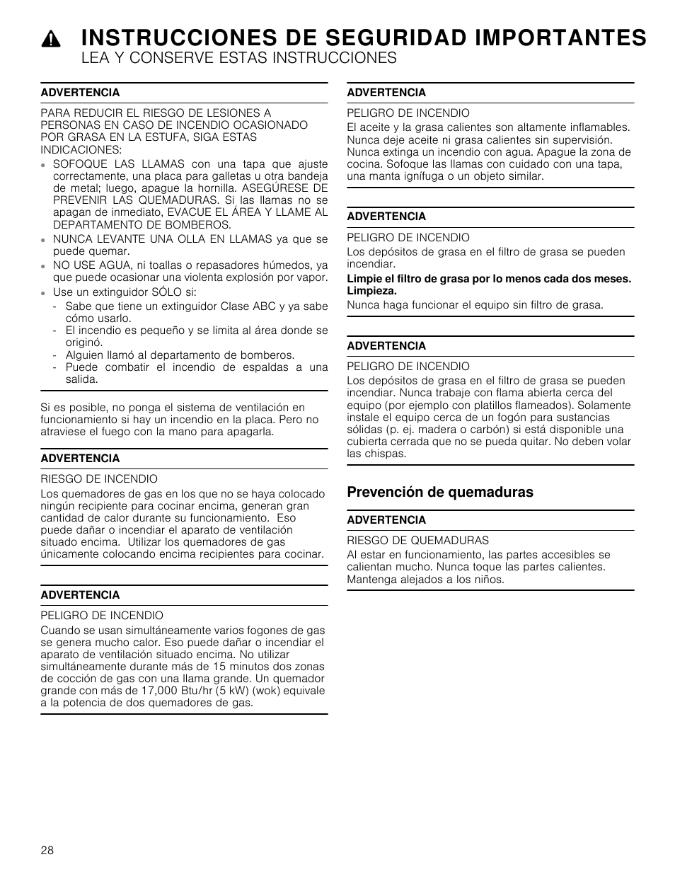 Advertencia, Riesgo de incendio, Peligro de incendio | Prevención de quemaduras, Riesgo de quemaduras, Instrucciones de seguridad importantes, Lea y conserve estas instrucciones | Bosch HCB50651UC User Manual | Page 28 / 40