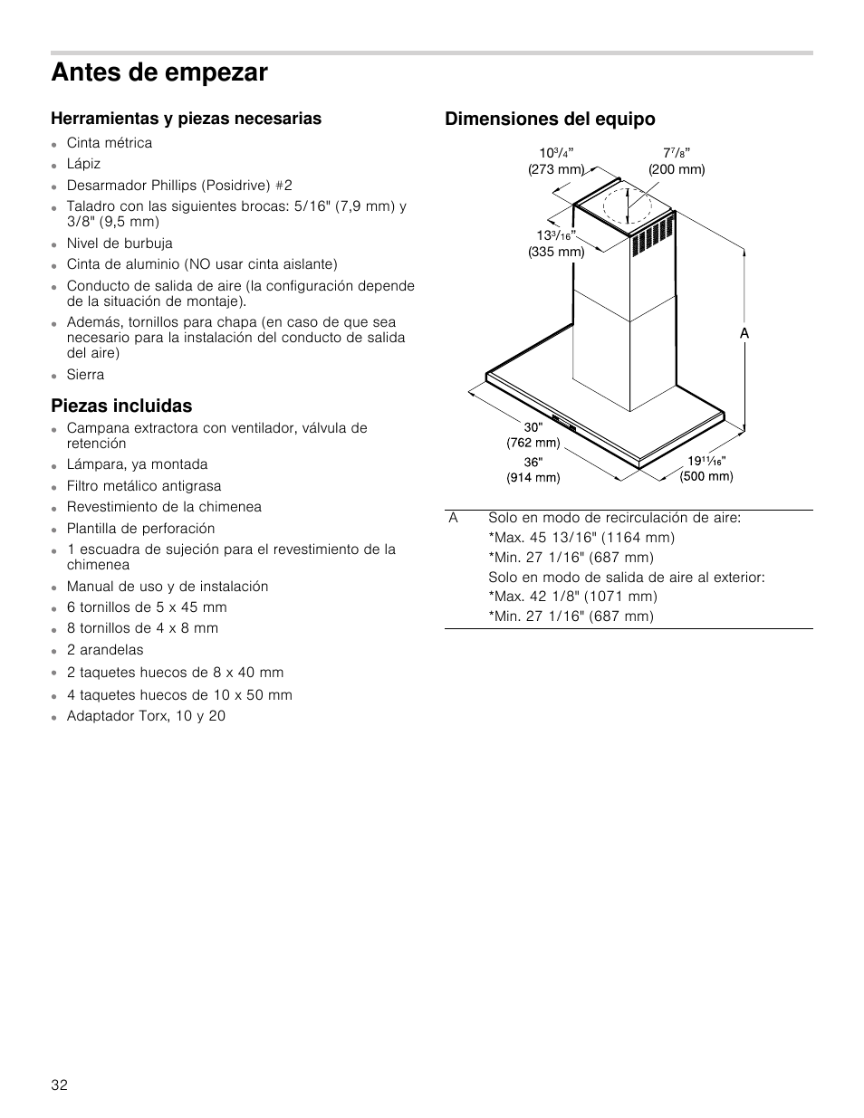 Antes de empezar, Herramientas y piezas necesarias, Piezas incluidas | Dimensiones del equipo | Bosch HCB50651UC User Manual | Page 32 / 40