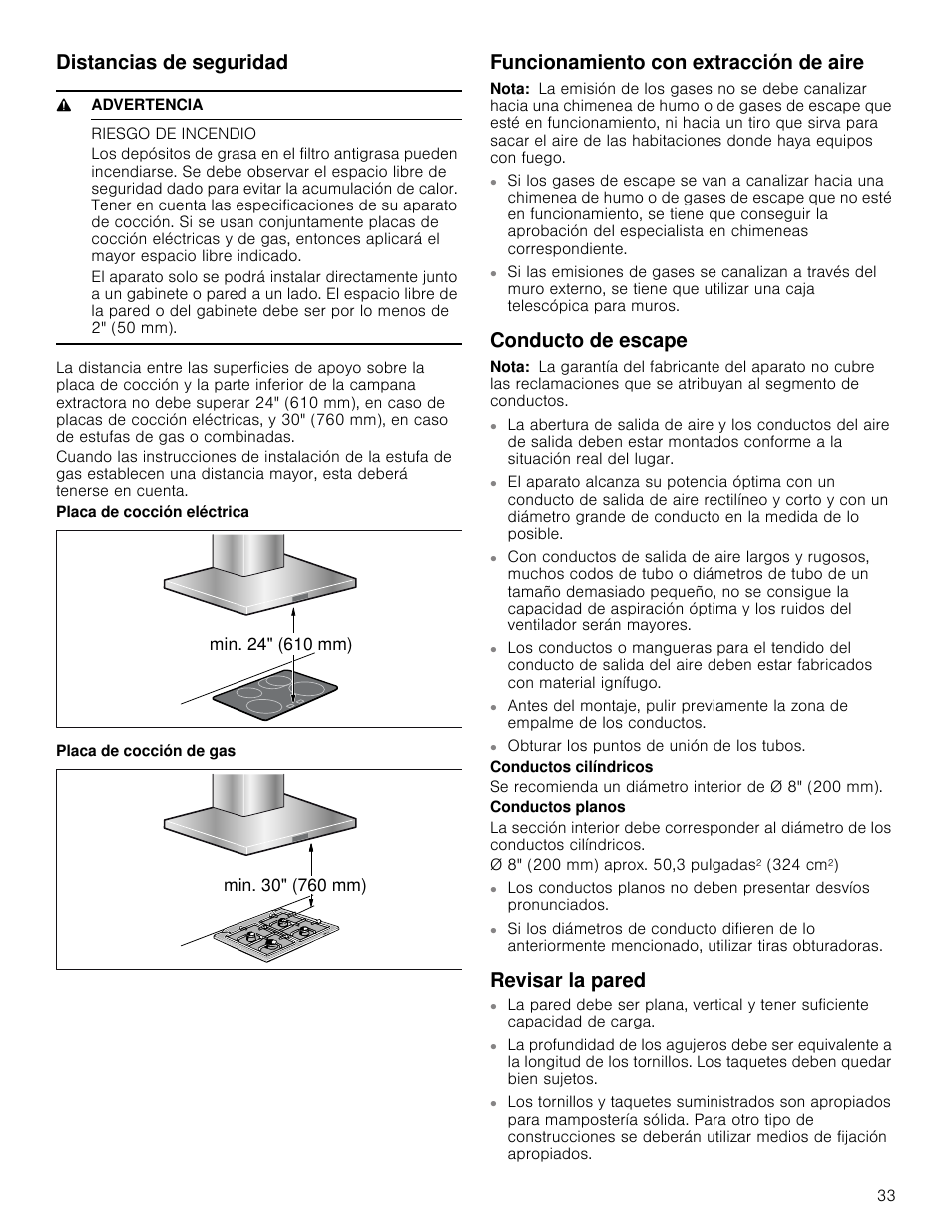 Distancias de seguridad, 9 advertencia, Riesgo de incendio | Funcionamiento con extracción de aire, Nota, Conducto de escape, Revisar la pared | Bosch HCB50651UC User Manual | Page 33 / 40