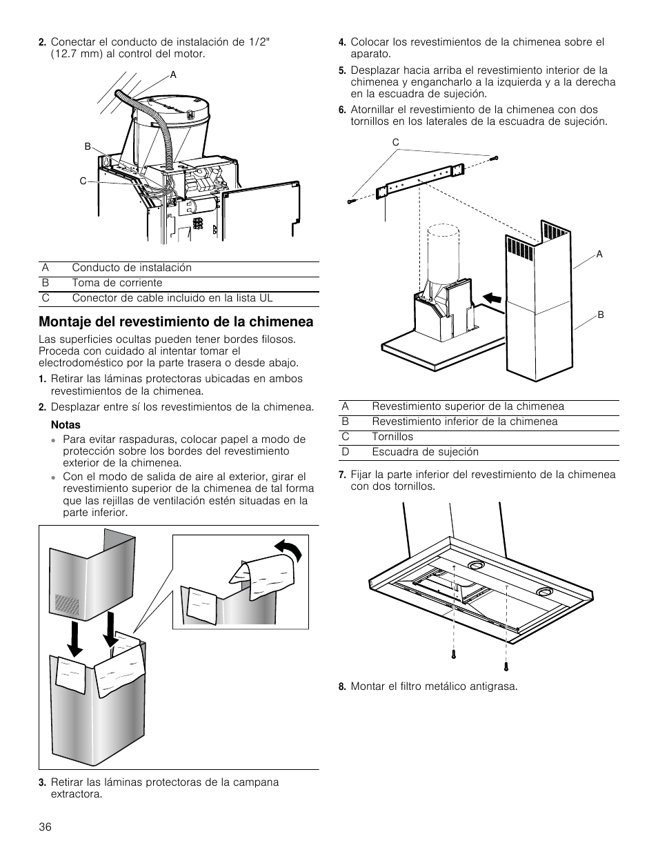 Montaje del revestimiento de la chimenea, Notas, Montar el filtro metálico antigrasa | Bosch HCB50651UC User Manual | Page 36 / 40