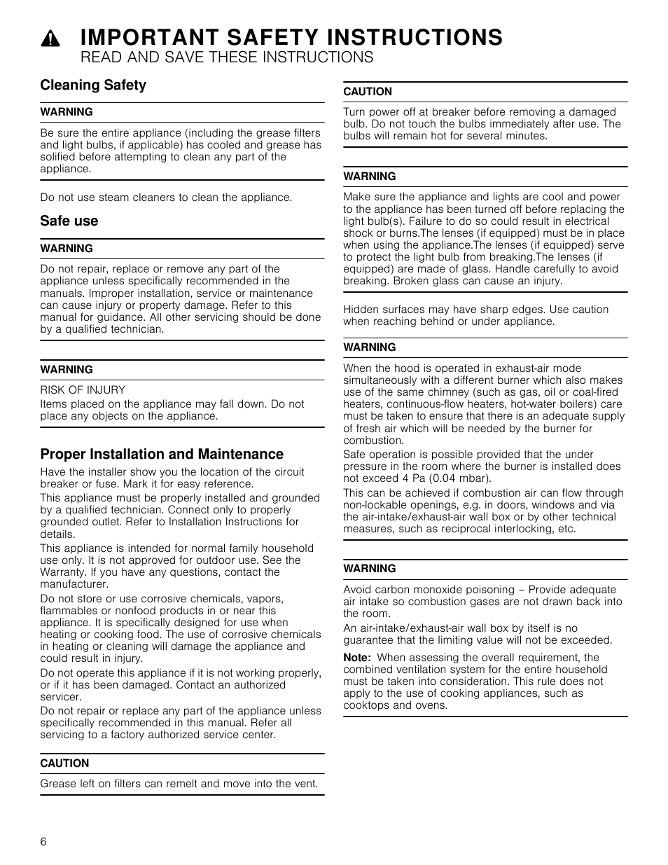 Cleaning safety, Warning, Safe use | Risk of injury, Proper installation and maintenance, Caution, Note, Important safety instructions, Read and save these instructions | Bosch HCB50651UC User Manual | Page 6 / 40