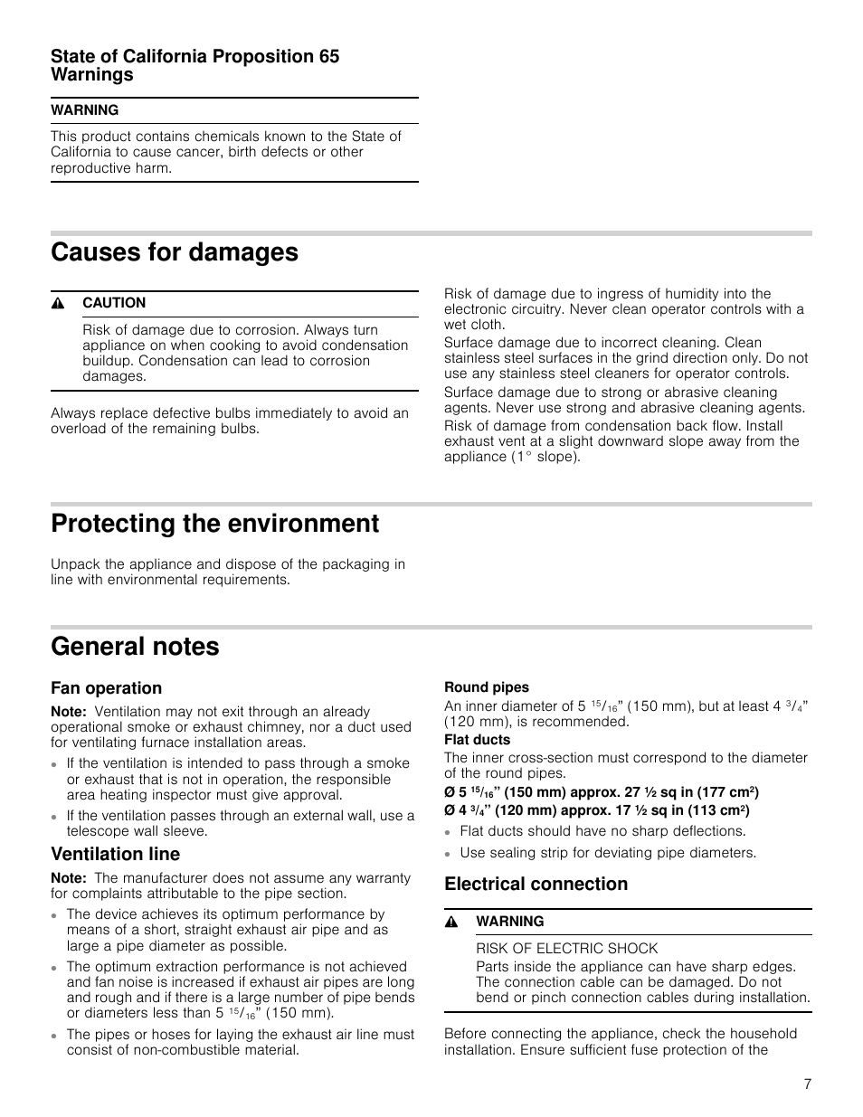 State of california proposition 65 warnings, Warning, Causes for damages | 9 caution, Protecting the environment, General notes, Fan operation, Note, Ventilation line, Electrical connection | Bosch HCB50651UC User Manual | Page 7 / 40