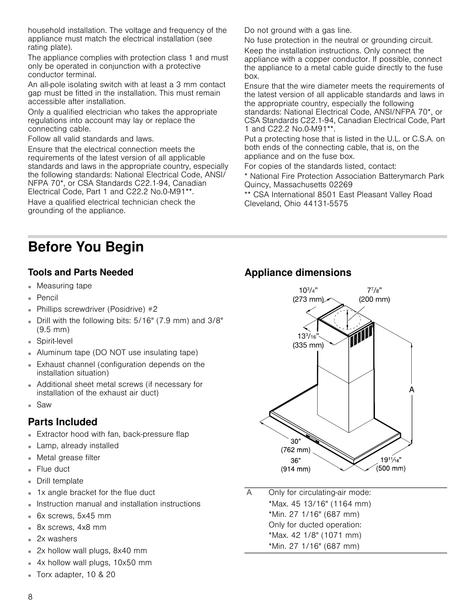 Before you begin, Tools and parts needed, Parts included | Appliance dimensions | Bosch HCB50651UC User Manual | Page 8 / 40