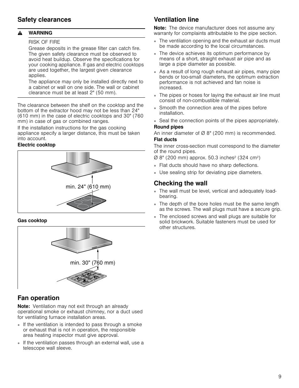 Safety clearances, 9 warning, Risk of fire | Fan operation, Note, Ventilation line, Checking the wall | Bosch HCB50651UC User Manual | Page 9 / 40