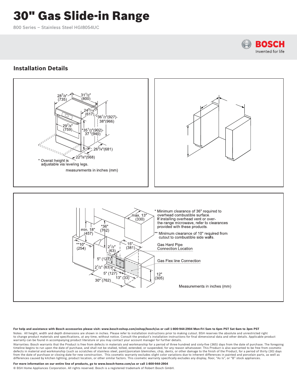 30" gas slide-in range, Installation details | Bosch HGI8054UC User Manual | Page 2 / 2