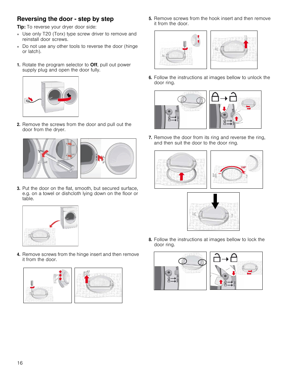 Reversing the door - step by step | Bosch WTB86201UC User Manual | Page 16 / 36