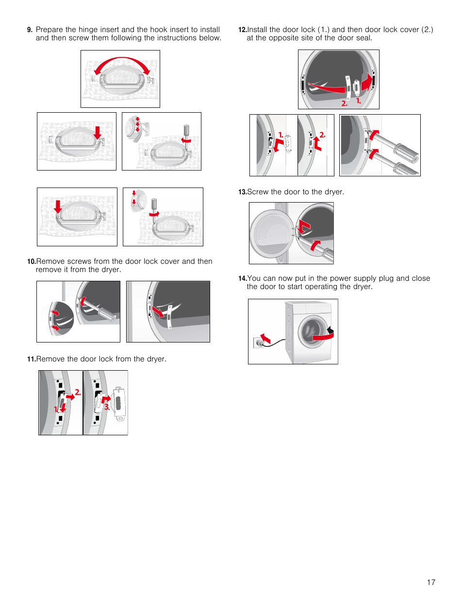 Remove the door lock from the dryer, Screw the door to the dryer | Bosch WTB86201UC User Manual | Page 17 / 36