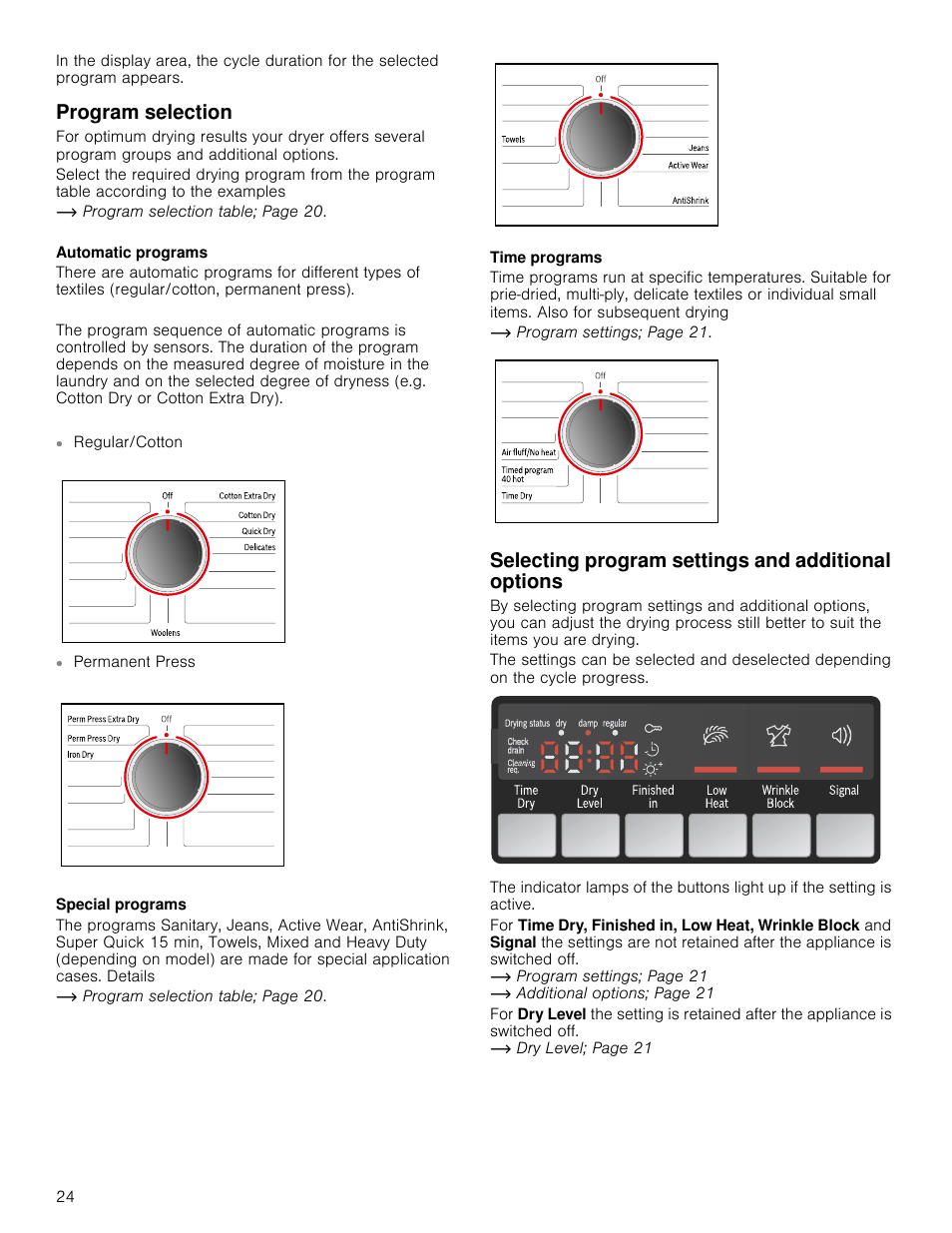 Program selection, Selecting program settings and additional options | Bosch WTB86201UC User Manual | Page 24 / 36