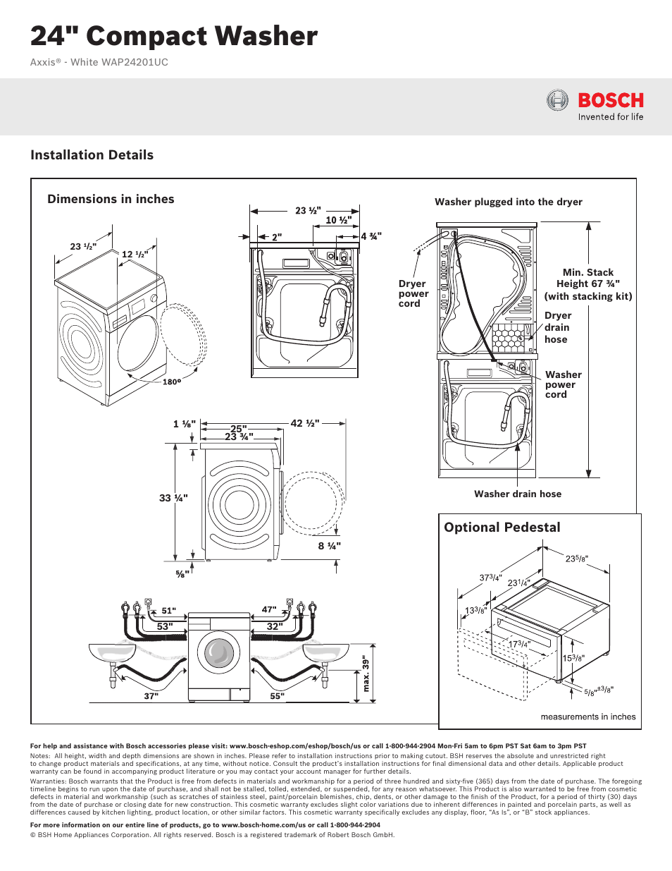 24" compact washer, Installation details, Optional pedestal | Dimensions in inches | Bosch WAP24201UC User Manual | Page 2 / 3