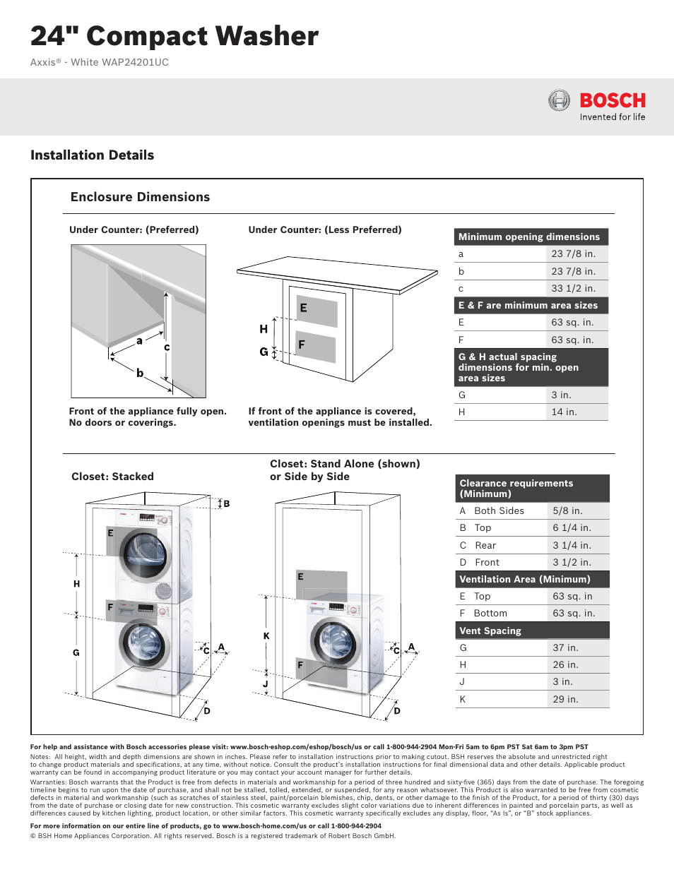 24" compact washer, Installation details, Enclosure dimensions | Bosch WAP24201UC User Manual | Page 3 / 3