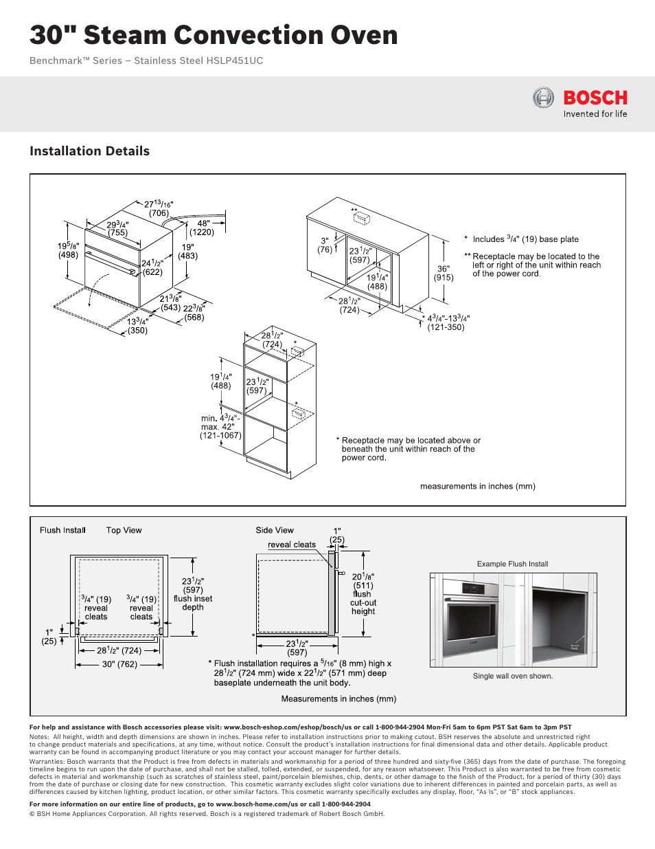 30" steam convection oven, Installation details | Bosch HSLP451UC User Manual | Page 2 / 3