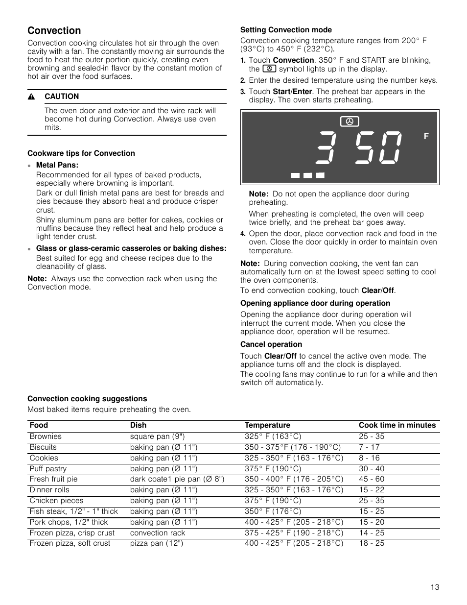 Convection, 9 caution, Cookware tips for convection | Glass or glass-ceramic casseroles or baking dishes, Note, Setting convection mode, Opening appliance door during operation, Cancel operation, Convection cooking suggestions, Most baked items require preheating the oven | Bosch HMV8052U User Manual | Page 13 / 60