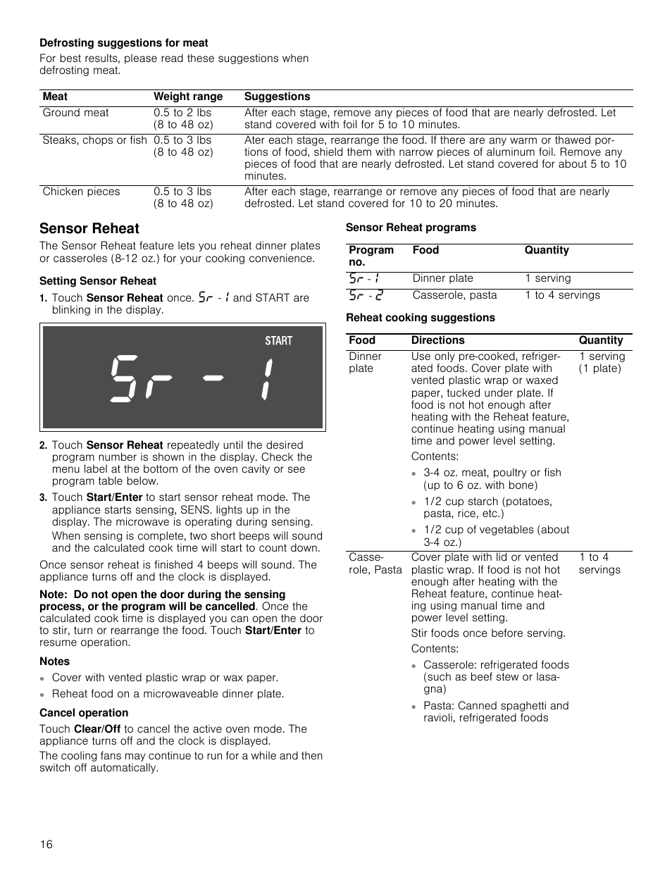 Defrosting suggestions for meat, Sensor reheat, Setting sensor reheat | Note, Notes, Cancel operation, Sensor reheat programs, Reheat cooking suggestions | Bosch HMV8052U User Manual | Page 16 / 60