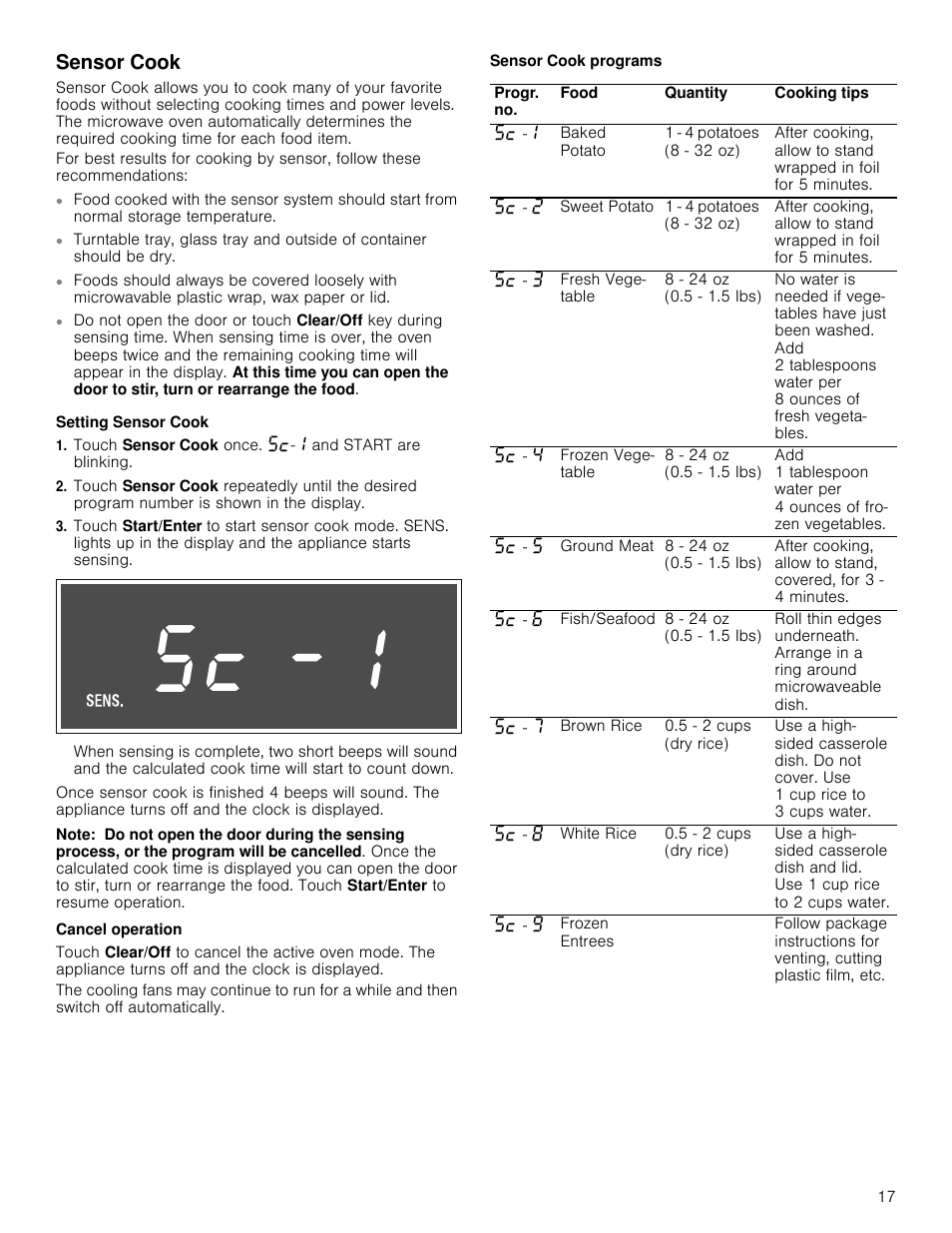 Sensor cook, Setting sensor cook, Note | Cancel operation, Sensor cook programs | Bosch HMV8052U User Manual | Page 17 / 60