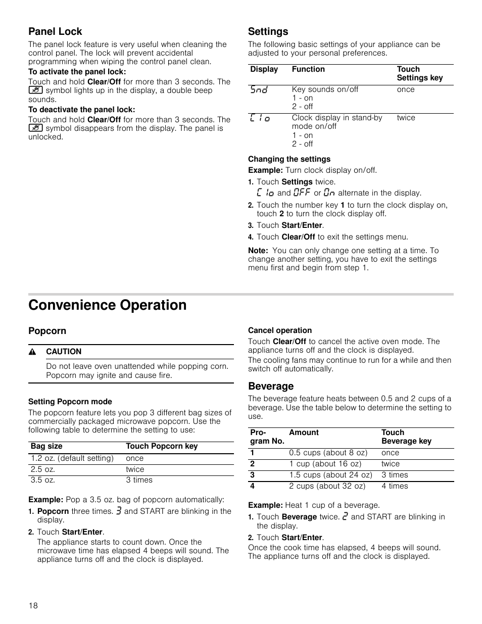 Panel lock, To activate the panel lock, To deactivate the panel lock | Settings, Changing the settings, Example: turn clock display on/off, Touch settings twice, Touch start/enter, Touch clear/off to exit the settings menu, Note | Bosch HMV8052U User Manual | Page 18 / 60