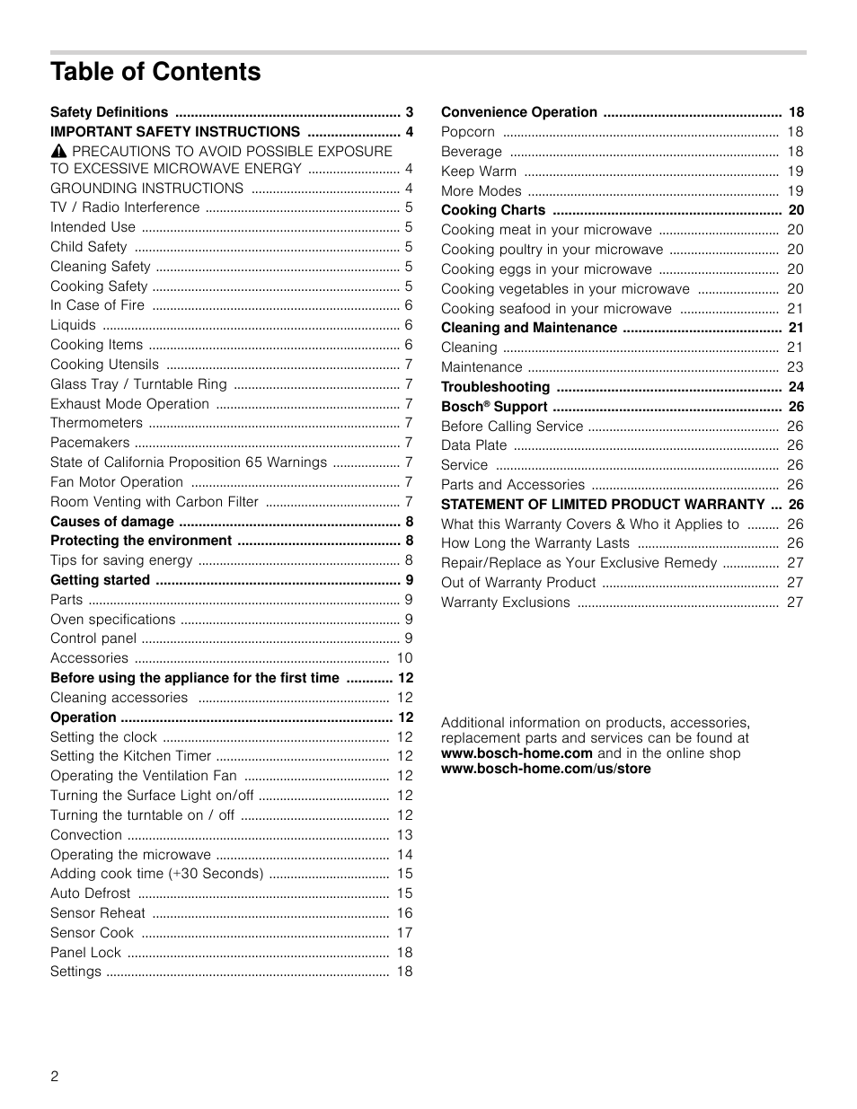 Table of contentsuse and care manual, Important safety instructions 4, Causes of damage 8 | Protecting the environment 8, Getting started 9, Before using the appliance for the first time 12, Operation 12, Convenience operation 18, Cooking charts 20, Cleaning and maintenance 21 | Bosch HMV8052U User Manual | Page 2 / 60