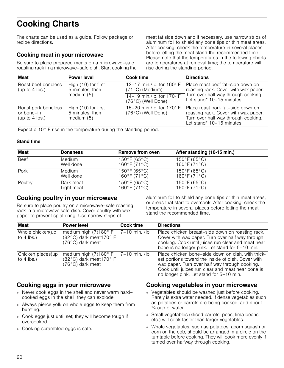 Cooking charts, Cooking meat in your microwave, Stand time | Cooking poultry in your microwave, Cooking eggs in your microwave, Cooking vegetables in your microwave | Bosch HMV8052U User Manual | Page 20 / 60