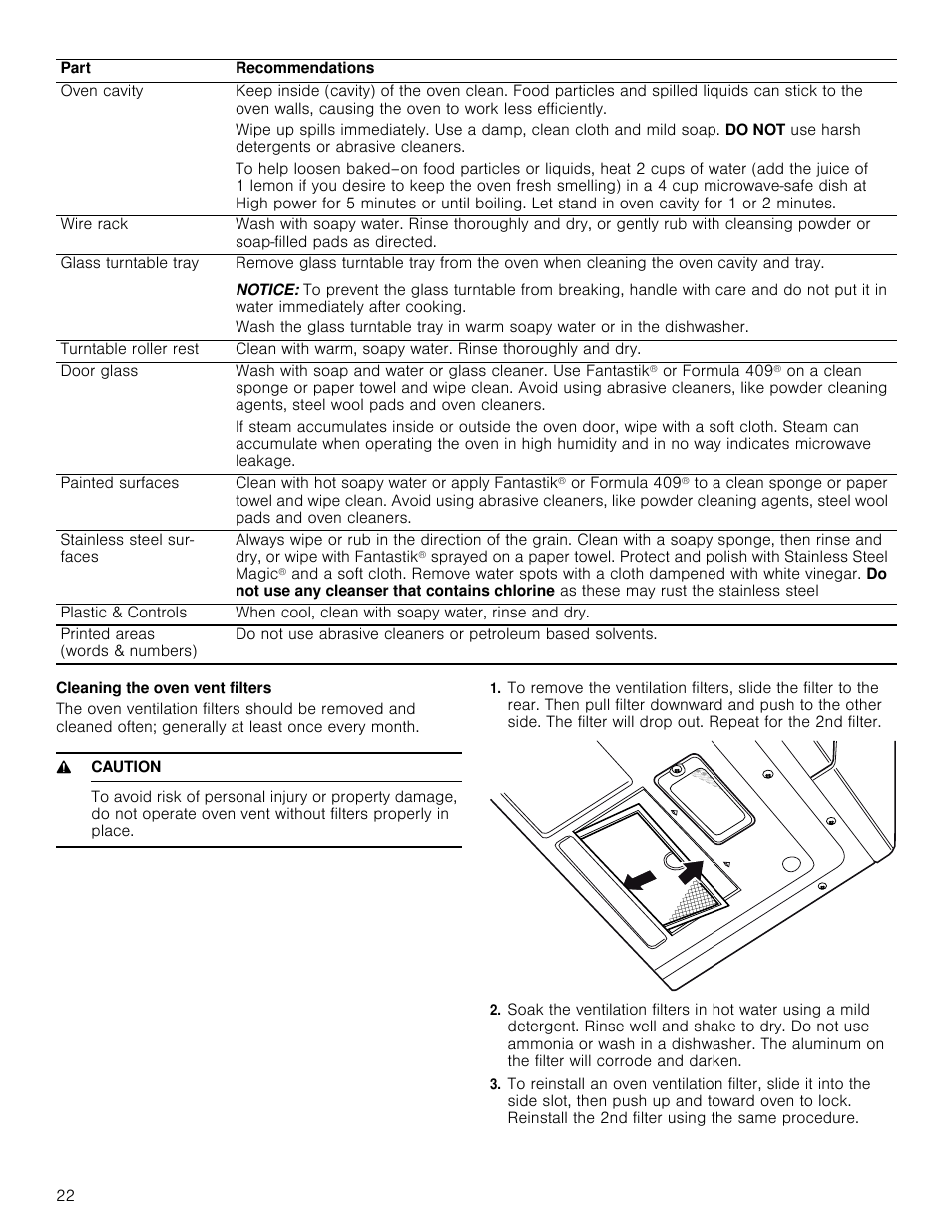 Cleaning the oven vent filters, 9 caution | Bosch HMV8052U User Manual | Page 22 / 60