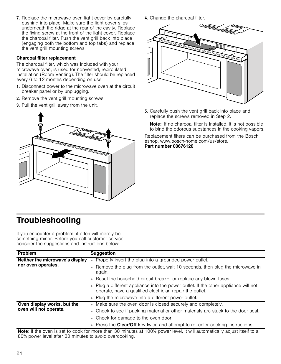 Charcoal filter replacement, Remove the vent grill mounting screws, Pull the vent grill away from the unit | Change the charcoal filter, Note, Troubleshooting | Bosch HMV8052U User Manual | Page 24 / 60