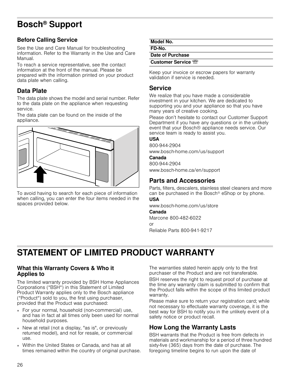 Bosch® support, Before calling service, Data plate | Service, Www.bosch-home.com/us/support, Canada, Www.bosch-home.ca/en/support, Parts and accessories, Www.bosch-home.com/us/store, Marcone 800-482-6022 | Bosch HMV8052U User Manual | Page 26 / 60