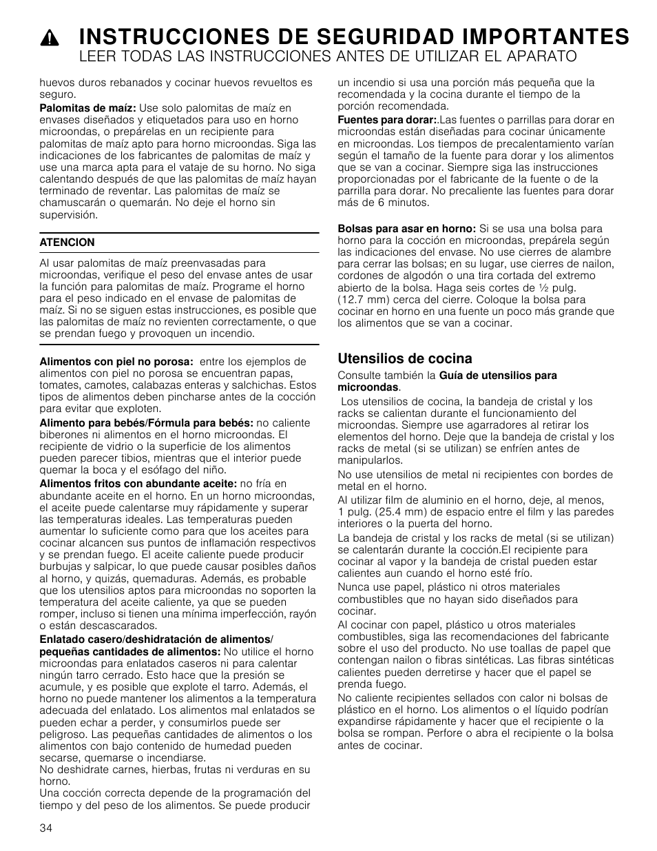 Atencion, Utensilios de cocina, Instrucciones de seguridad importantes | Bosch HMV8052U User Manual | Page 34 / 60