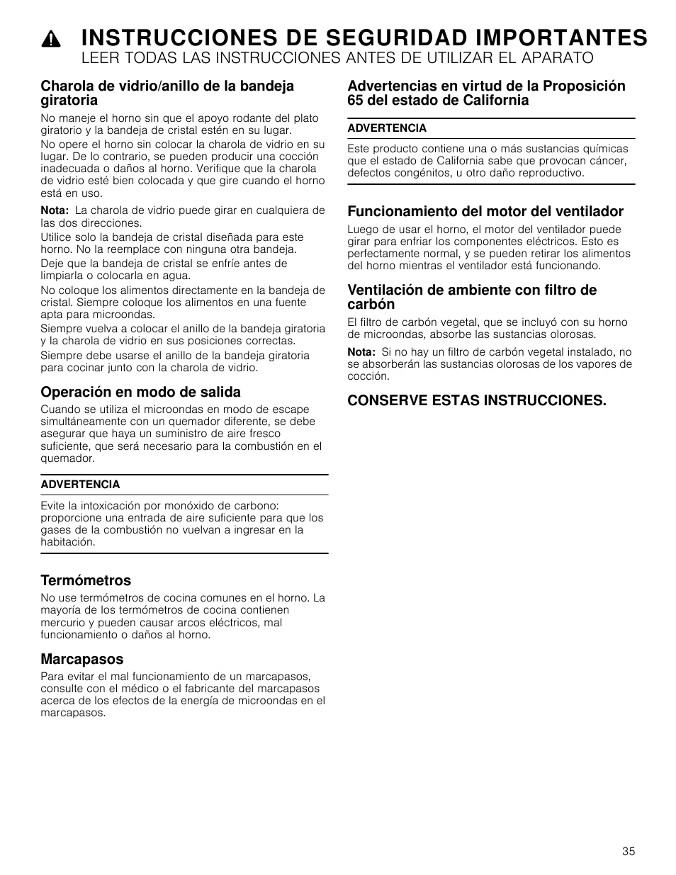 Charola de vidrio/anillo de la bandeja giratoria, Nota, Operación en modo de salida | Advertencia, Termómetros, Marcapasos, Funcionamiento del motor del ventilador, Ventilación de ambiente con filtro de carbón, Conserve estas instrucciones, Instrucciones de seguridad importantes | Bosch HMV8052U User Manual | Page 35 / 60