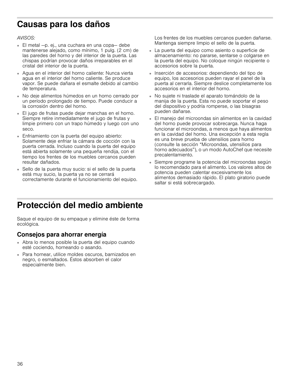 Causas para los daños, Avisos, Protección del medio ambiente | Consejos para ahorrar energía | Bosch HMV8052U User Manual | Page 36 / 60