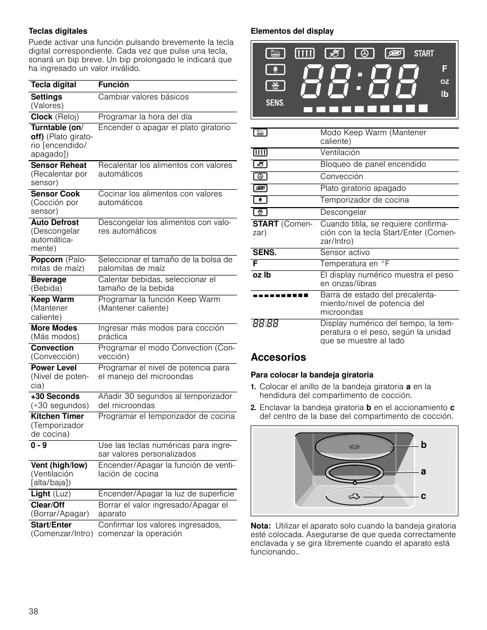 Teclas digitales, Elementos del display, Accesorios | Para colocar la bandeja giratoria, Nota | Bosch HMV8052U User Manual | Page 38 / 60