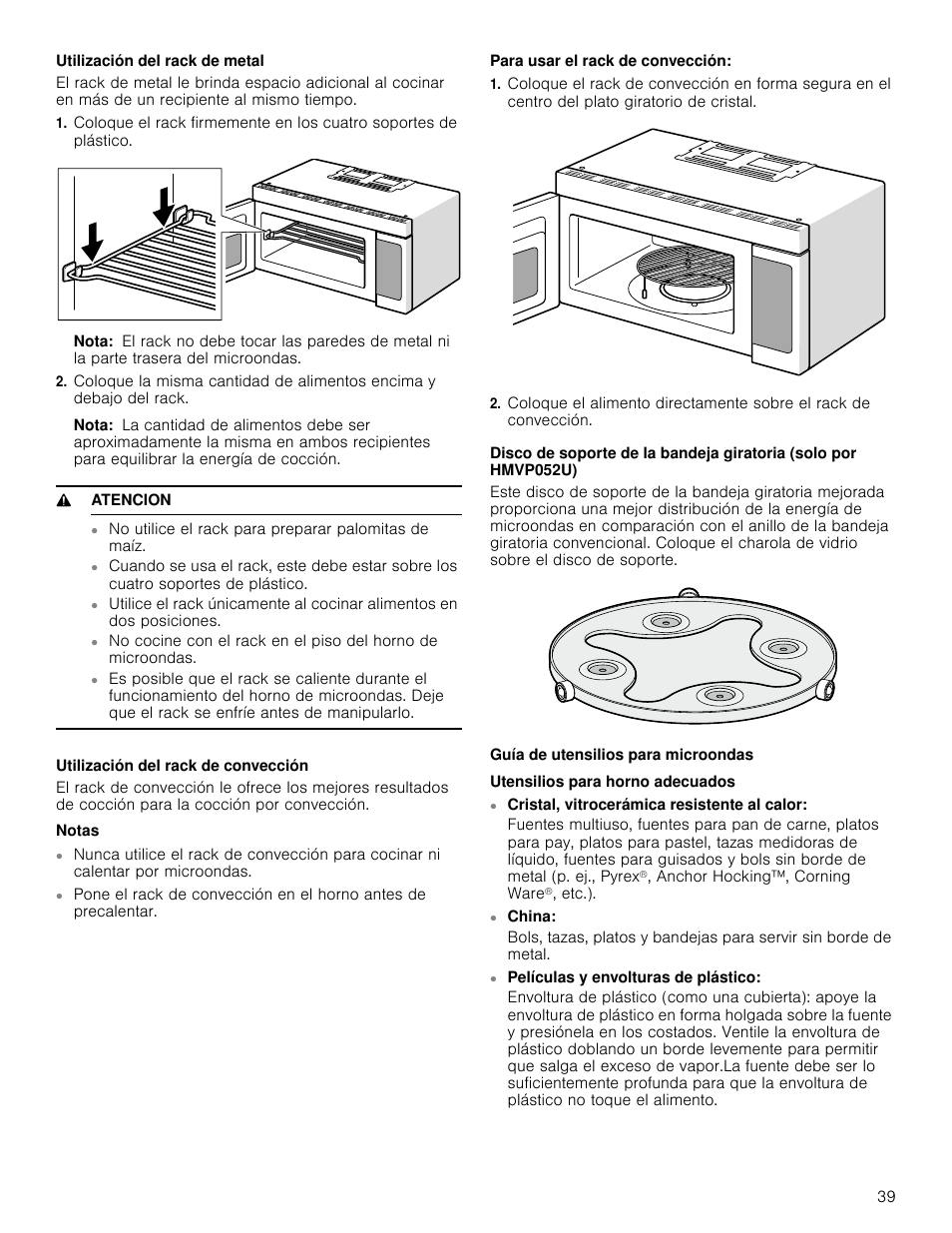 Utilización del rack de metal, Nota, 9 atencion | Utilización del rack de convección, Notas, Para usar el rack de convección, Guía de utensilios para microondas, Utensilios para horno adecuados, China, Películas y envolturas de plástico | Bosch HMV8052U User Manual | Page 39 / 60